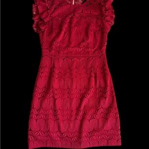 Trina Turk cranberry red lace overlay dress.